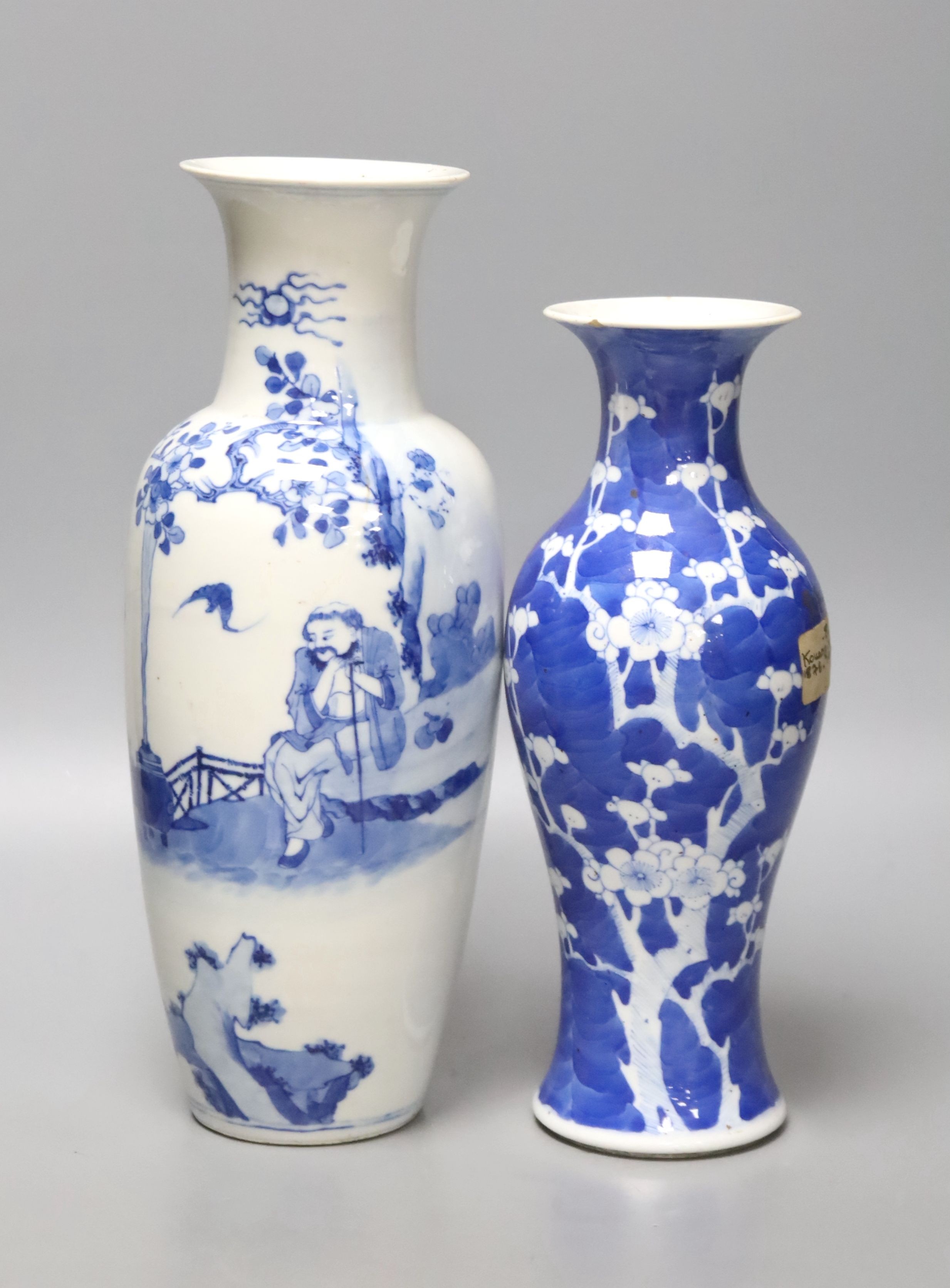 A Chinese prunus baluster vase, 26cm, and a Chinese blue and white baluster vase, both late 19th century